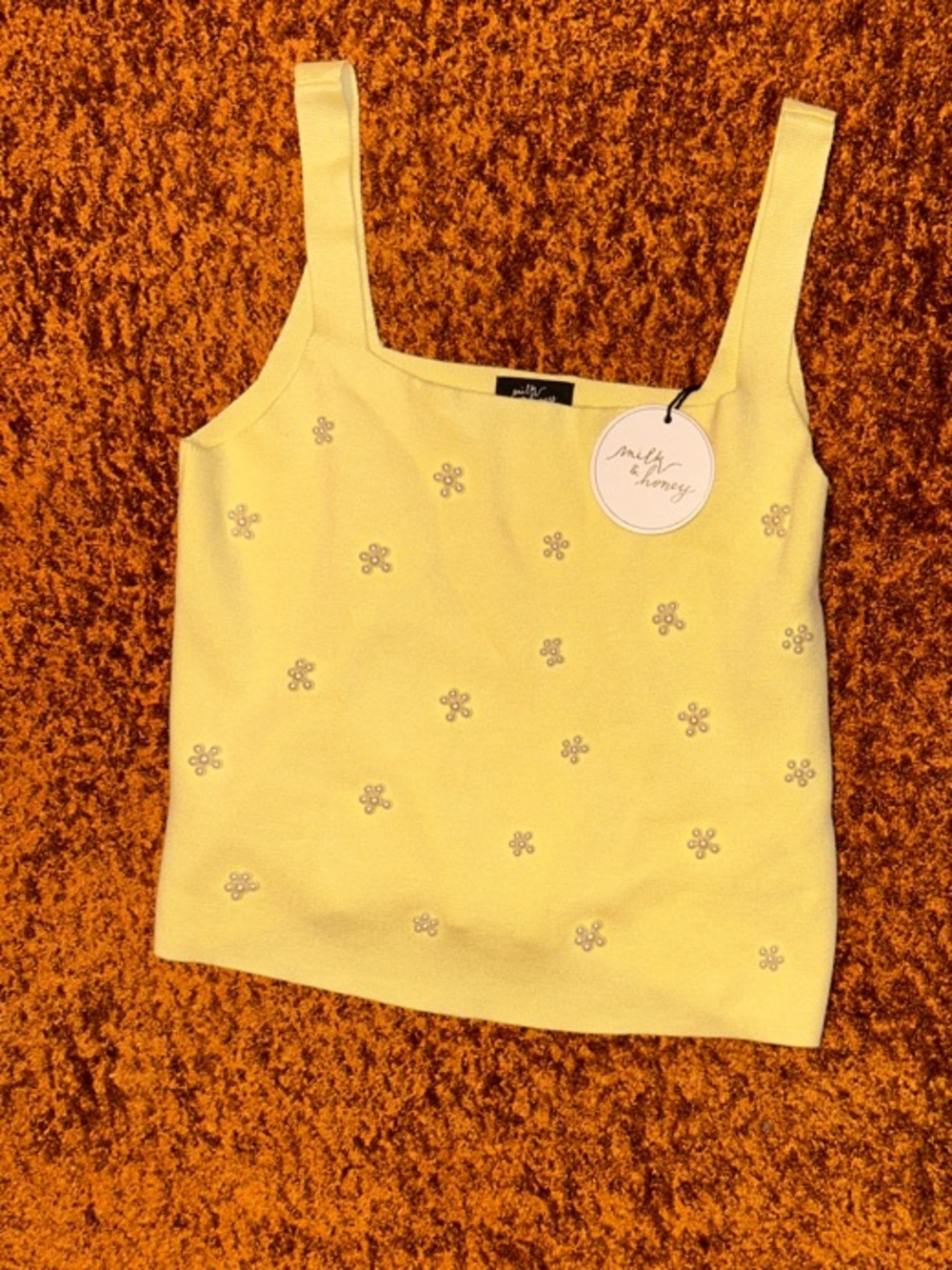 Milk & Honey Pale Yellow Embellished Square-Neck Tank